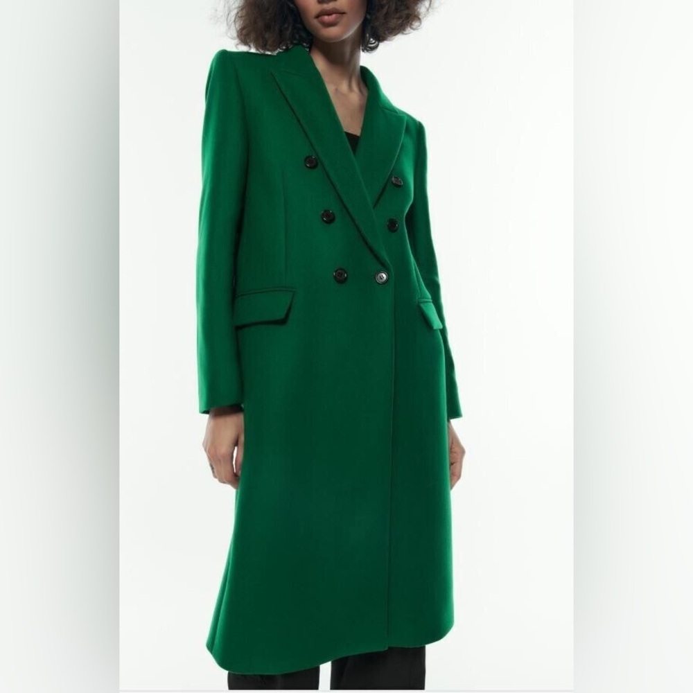 Zara Emerald Green Double-Breasted Wool Trench Coat